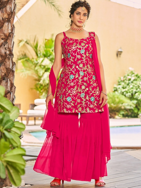 KALINI Women Pink Floral Embroidered Thread Work Kurti with Sharara & With Dupatta
KALINI Women Pink Floral Embroidered Thread Work Kurti with Sharara & With Dupatta