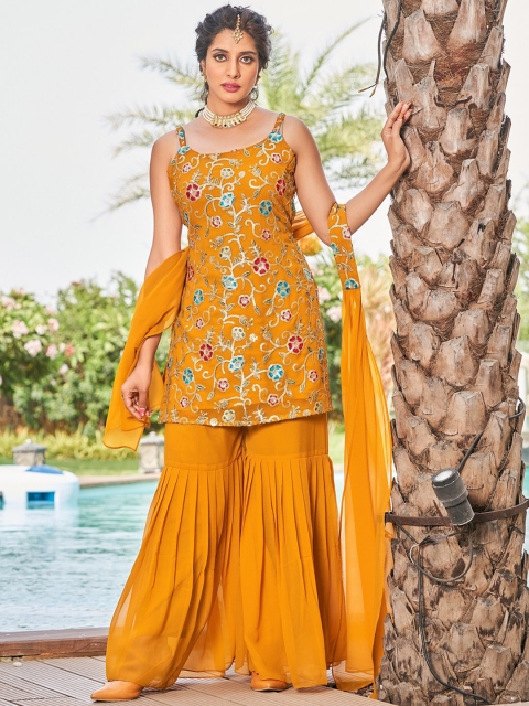KALINI Women Mustard Yellow Floral Embroidered Thread Work Kurti with Sharara & With Dupatta
KALINI Women Mustard Yellow Floral Embroidered Thread Work Kurti with Sharara & With Dupatta