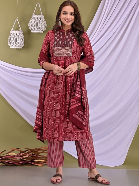 EtnicaWear Women Maroon Ethnic Motifs Printed Sequinned Pure Cotton Kurta with Trousers & With Dupatta
EtnicaWear Women Maroon Ethnic Motifs Printed Sequinned Pure Cotton Kurta with Trousers & With Dupatta