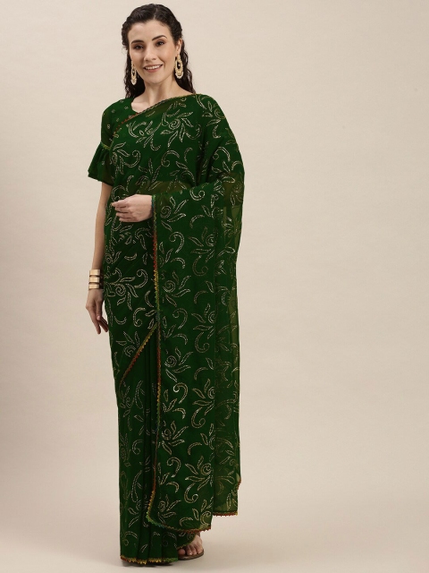 Amrutam Fab Green & Grey Floral Beads and Stones Pure Georgette Saree