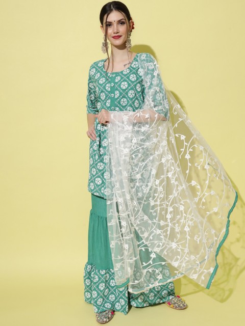 VredeVogel Women Teal Ethnic Motifs Printed Empire Kurta with Sharara & With Dupatta
VredeVogel Women Teal Ethnic Motifs Printed Empire Kurta with Sharara & With Dupatta