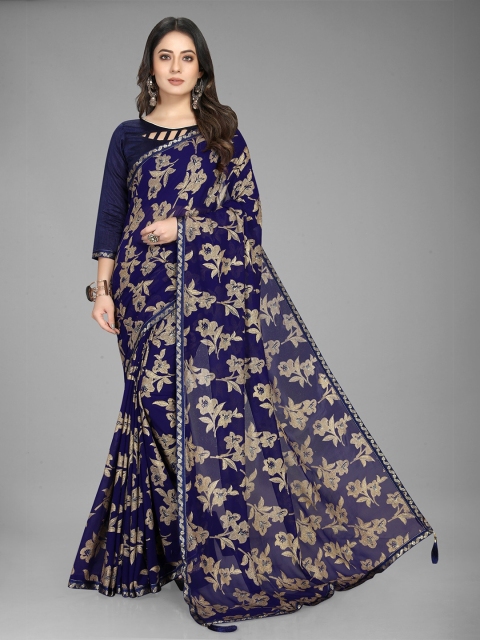 Mitera Blue & Beige Floral Printed Georgette Saree
