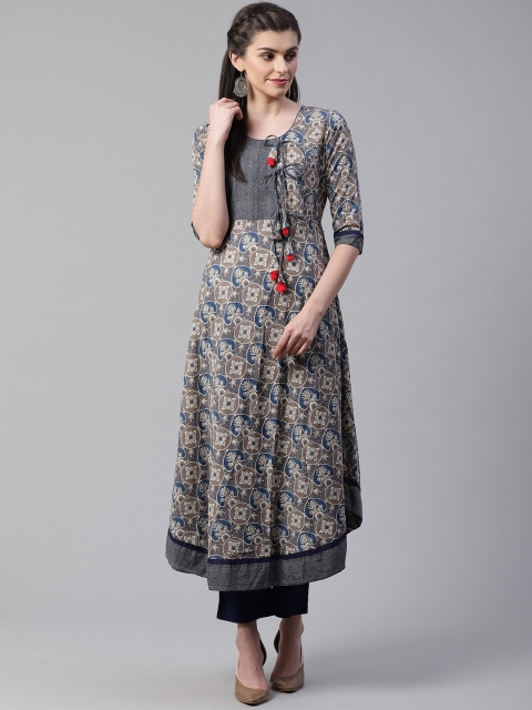 Divena Women Grey Printed Keyhole Neck Anarkali Kurta