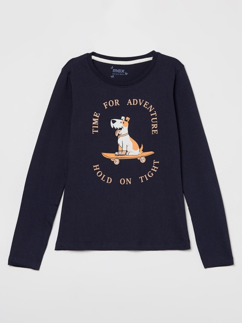 max Girls Blue Typography Printed T-shirt