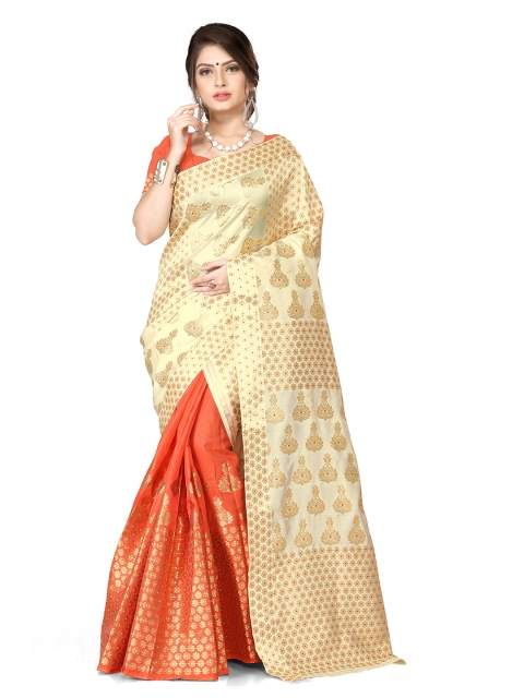 Skirans Cream-Coloured & Orange Woven Design Zari Saree