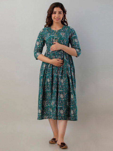 misbis Women Green Floral Maternity Midi Dress