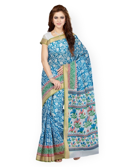 Saree Swarg White & Blue Cotton Blend Printed Saree