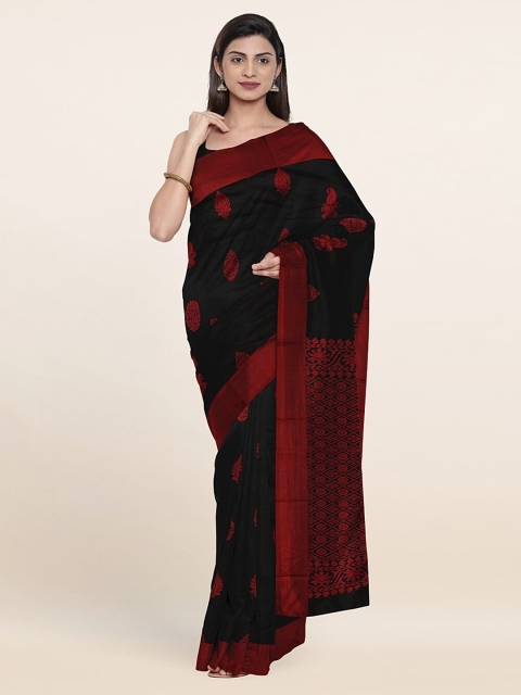 Pothys Black & Red Ethnic Motif Silk Cotton Saree