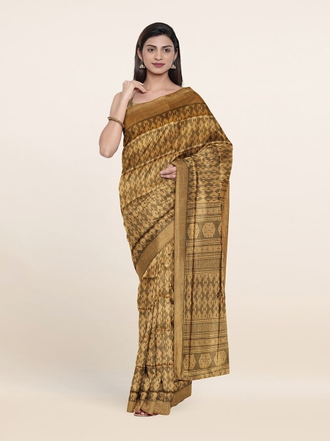 Pothys Brown & Gold-Toned Geometric Printed Saree