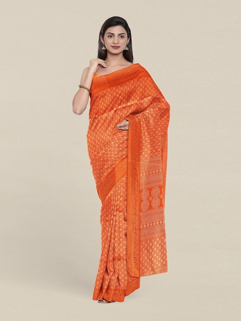 Pothys Orange & Beige Printed Cotton Blend Saree