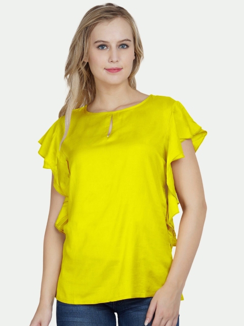 PATRORNA Yellow Keyhole Neck Ruffles Top