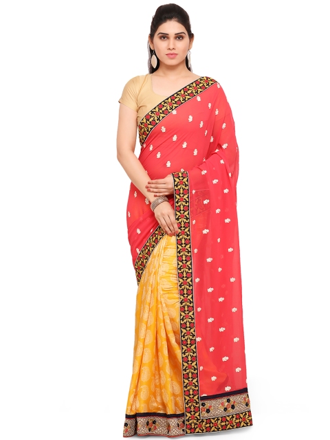 Kvsfab Coral Red & Yellow Pure Georgette Embroidered Saree