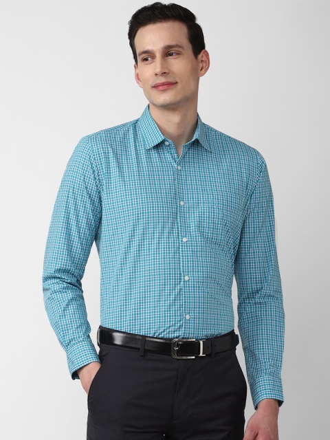 Peter England Men Blue Checked Cotton Formal Shirt