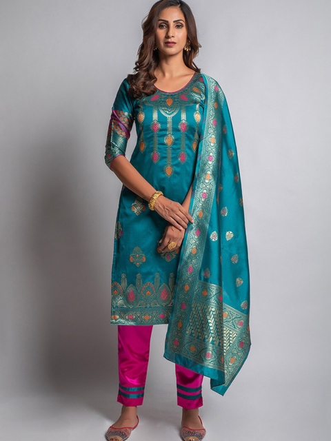 cbazaar Blue & Pink Unstitched Dress Material