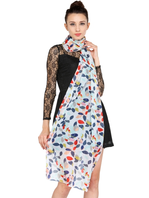 J Style White & Blue Printed Silk Stole