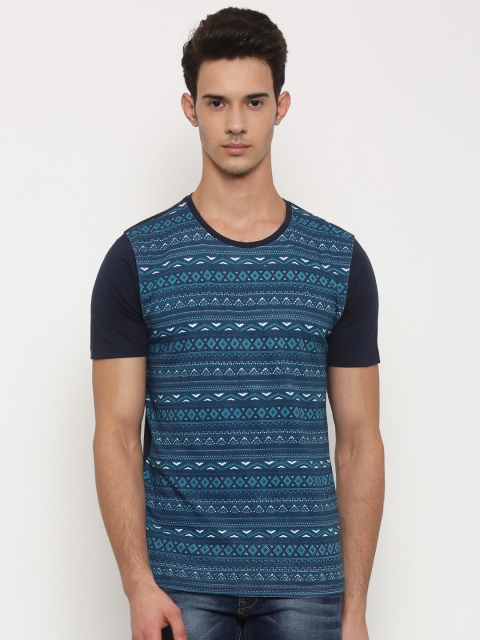 Slub Men Blue Printed Round Neck T-shirt