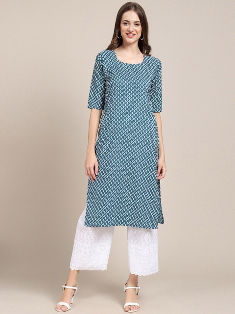 7Threads Women Pack Of 6 Ethnic Motifs Printed Crepe Kurta, Blue