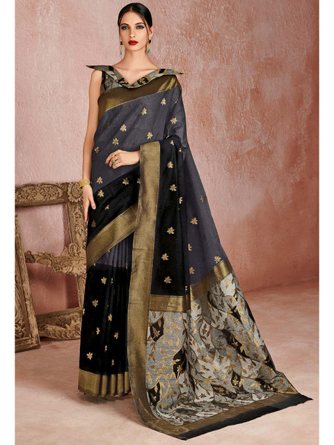 KARAGIRI Grey & Gold-Toned Floral Zari Linen Blend Saree 
KARAGIRI Grey & Gold-Toned Floral Zari Linen Blend Saree