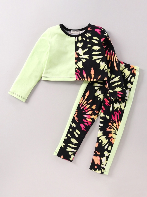 CrayonFlakes Girls Black & Green Colourblocked Top with Leggings Set