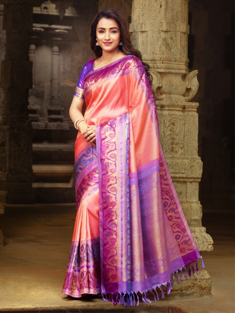 SAMUDRIKA PATTU Peach-Coloured & Purple Ethnic Motifs Zari Pure Silk Kanjeevaram Saree
SAMUDRIKA PATTU Peach-Coloured & Purple Ethnic Motifs Zari Pure Silk Kanjeevaram Saree