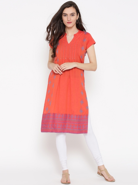Rangriti Women Coral Red Woven Design A-Line Kurta