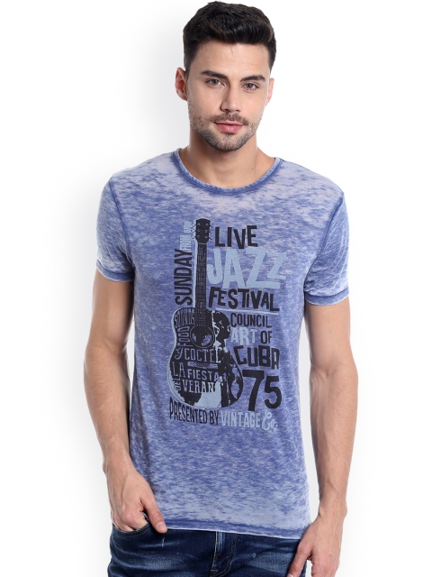 Jack & Jones Men Blue Printed Round Neck T-shirt