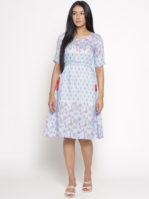 AURELIA Women Blue Ethnic Motifs Satin A-Line Ethnic Dress