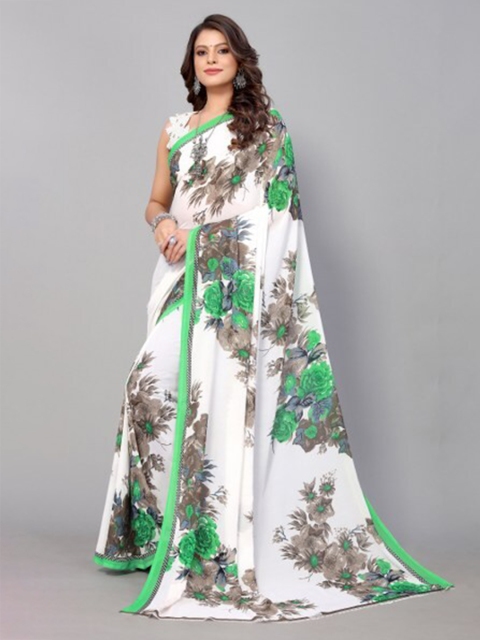 Yashika White & Green Floral Georgette Saree