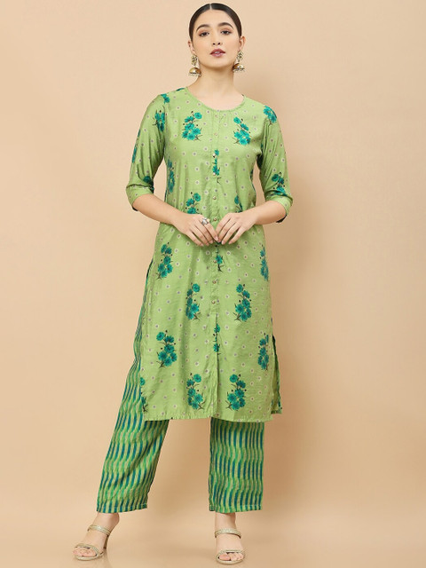 Soch Women Green Floral Printed Chanderi Cotton Kurta with Trousers 
Soch Women Green Floral Printed Chanderi Cotton Kurta with Trousers