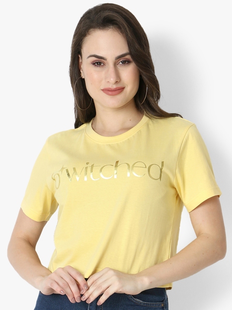 Again fashions Women Yellow Pure Cotton Typography Printed T-shirt