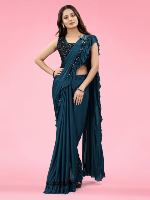 CLOMITA Blue Mirror Work Border Ruffle Saree