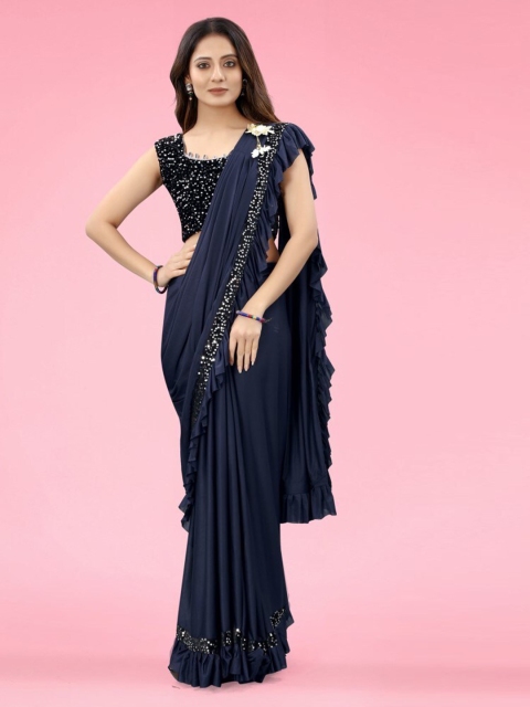 CLOMITA Navy Blue & Black Sequinned Saree
