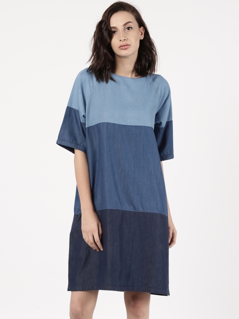 ether Women Blue Indigo Colourblocked Denim A-Line Dress