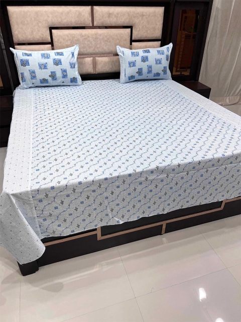 Pure Decor Floral Pure Cotton 300 TC Queen Bedsheet with 2 Pillow Covers, Blue