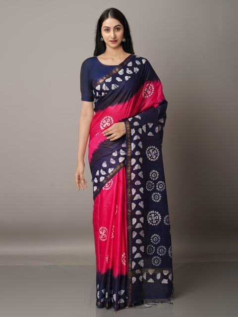 Unnati Silks Pink & Blue Batik Zari Pure Silk Chanderi Saree