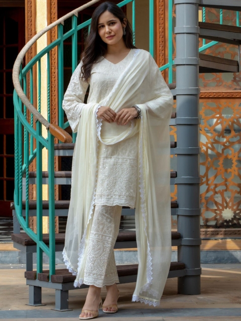HOUSE OF JAMOTI Women Embroidered Chikankari Kurta with Trousers & With Dupatta, Off white
HOUSE OF JAMOTI Women Embroidered Chikankari Kurta with Trousers & With Dupatta, Off white