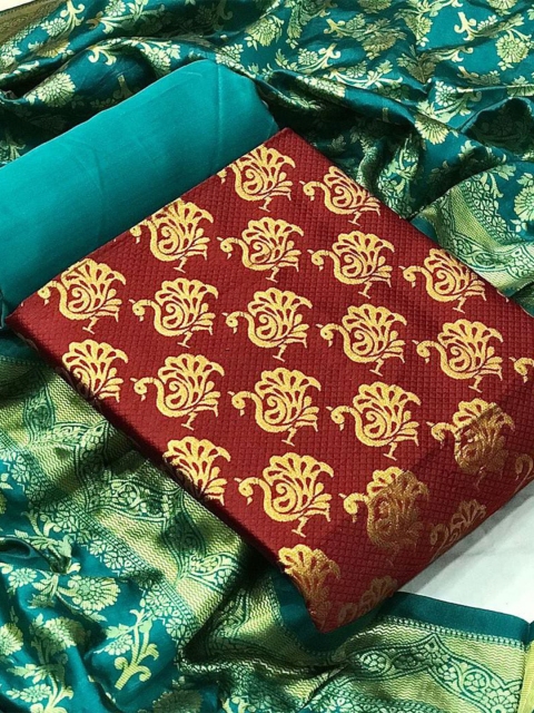MORLY Maroon & Blue Dupion Silk Unstitched Dress Material