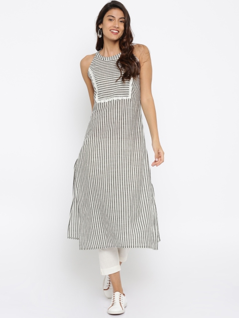Anouk Women Grey & White Striped A-Line Kurta