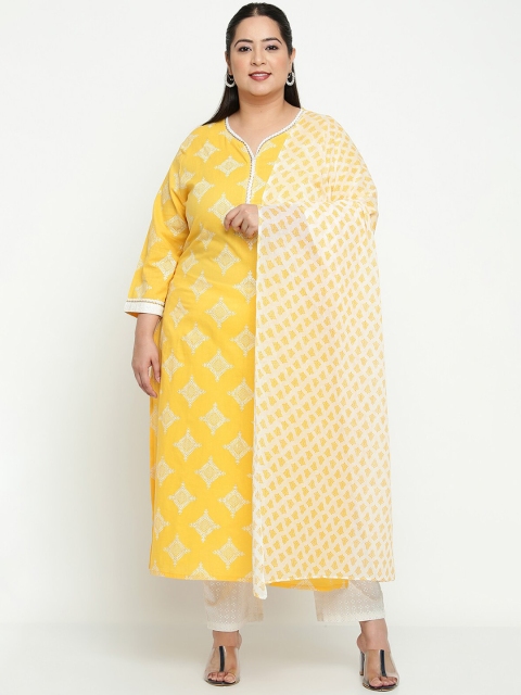 Sringam Plus Size Women Floral Printed Pure Cotton Kurta with Trousers & With Dupatta, Yellow
Sringam Plus Size Women Floral Printed Pure Cotton Kurta with Trousers & With Dupatta, Yellow