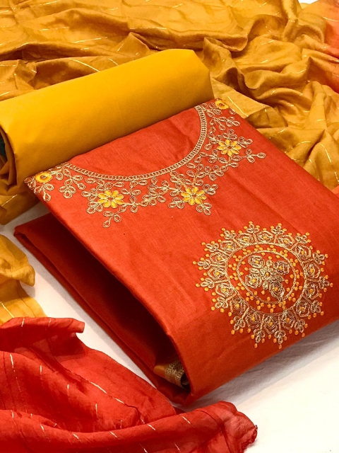 MORLY Orange & Mustard Embellished Unstitched Dress Material