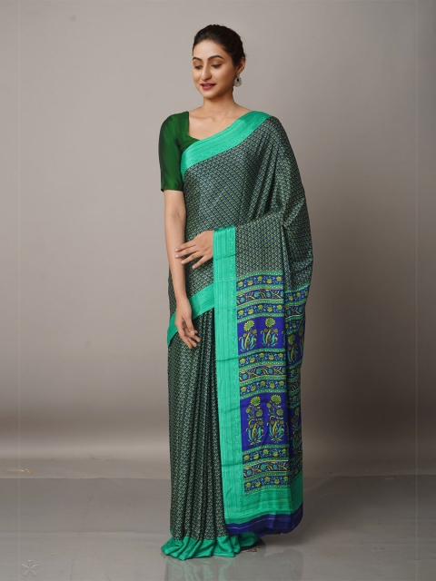 Unnati Silks Blue & Green Ethnic Motifs Block Print Saree