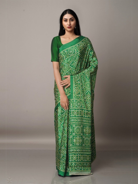 Unnati Silks Green & Off White Bandhani Saree