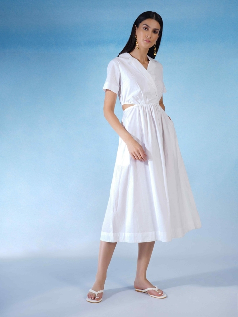 blue hour Women Solid Cotton Midi Dress, White