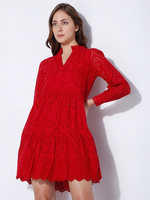 Vero Moda Women Solid Cotton A-Line Dress, Red