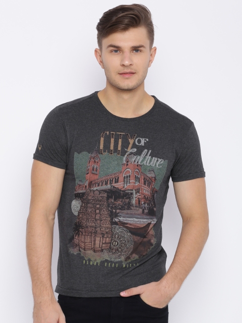 Solly Jeans Co. by Allen Solly Men Charcoal Grey Printed Round Neck T-shirt