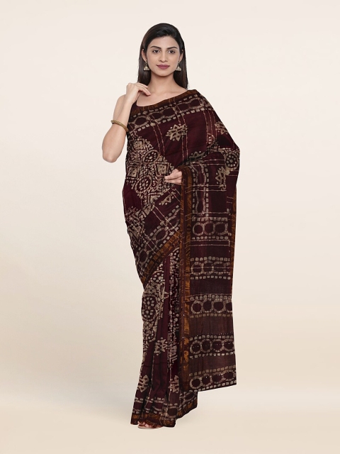 Pothys Batik Zari Jute Cotton Saree, Brown