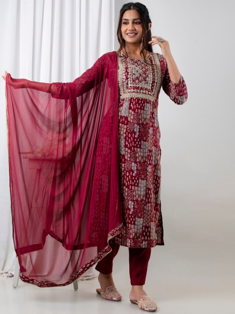 Kesarya Women Maroon Ethnic Motifs Embroidered Mirror Work Pure Silk Kurta with Trousers & With Dupatta
Kesarya Women Maroon Ethnic Motifs Embroidered Mirror Work Pure Silk Kurta with Trousers & With Dupatta