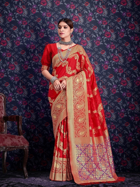 elora Red & Gold-Toned Ethnic Motifs Zari Silk Blend Leheriya Saree