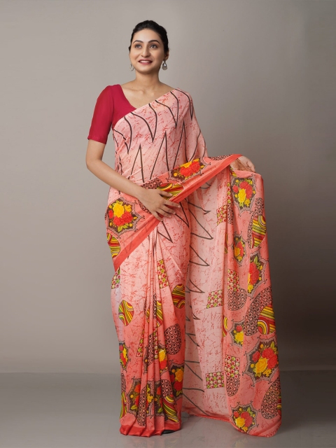 Unnati Silks Ethnic Motifs Block Print Saree, Pink