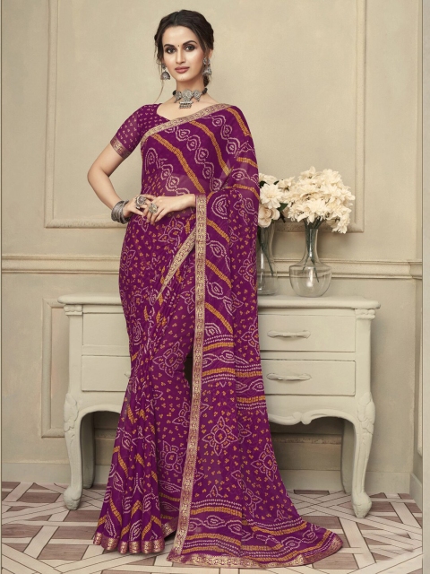 Satrani Purple & Mustard Bandhani Zari Bandhani Saree